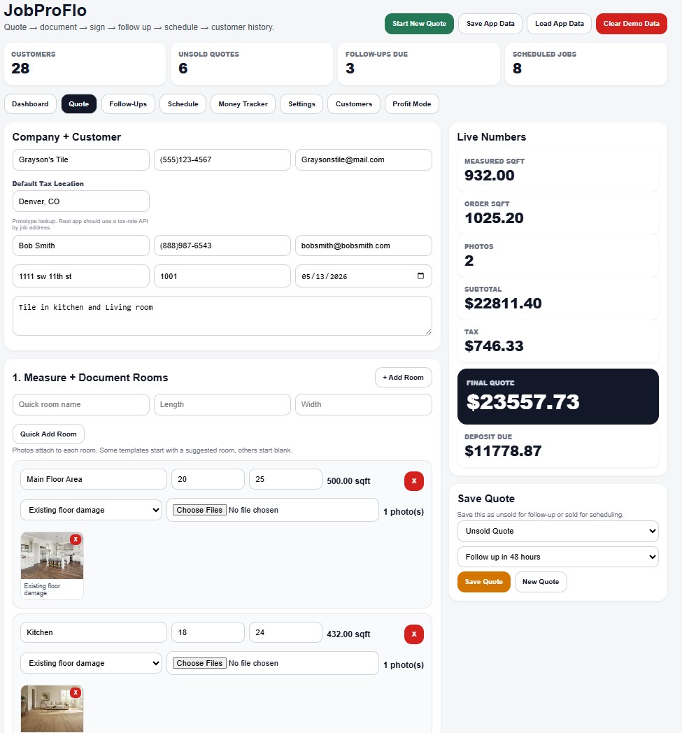 Measure and quote screen in ProJobFlo