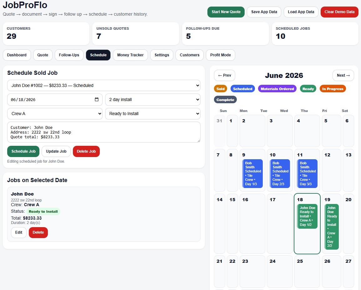ProJobFlo schedule calendar with sold and ready-to-install jobs