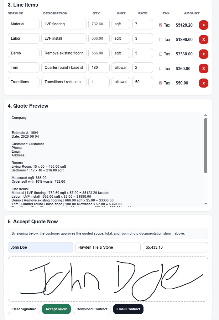 ProJobFlo signature and accept quote screen